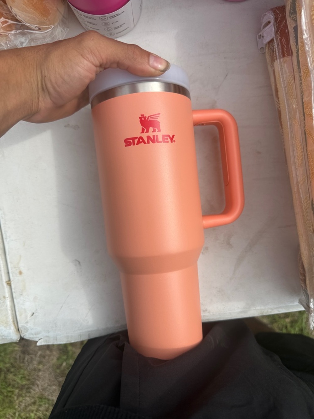 Stanley Peach Coral Travel Tumbler with Handle